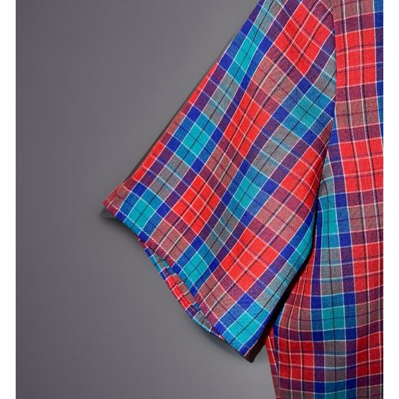 Vtg Paris Station Short Sleeve Top Shirt Red Blue Teal Plaid Blouse- Sz S - Picture 6 of 8